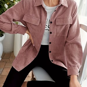 Women’s Elegant Pink Corduroy Shirt – Long Sleeve, Button-up With Lapel Collar And Chest Pockets, Polyester, Machine Washable Blouses Shop Online at Dubai Trades