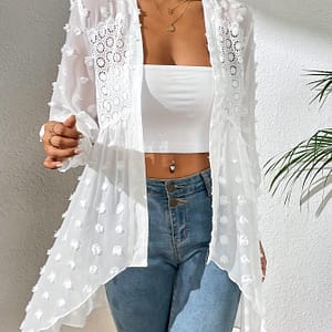 Women’s Elegant Swiss Dot Open-front Cardigan With Lace Trim – Semi-sheer Length, Machine Washable, Versatile Layering Piece For Casual & Formal Outfits, Lace Cardigan Clothing Shop Online at Dubai Trades