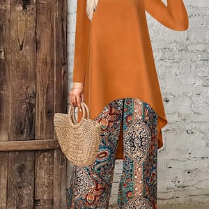 Women’s Elegant Two-piece Set: Solid Color Long Sleeve Round Neck Top & Waist Wide Leg Pants – Polyester, Machine Washable Clothing Shop Online at Dubai Trades