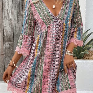 Women’s Elegant V-neck Dress With Lace Trim – Striped And Floral Print, Lightweight Polyester , Summer, Relaxed Fit Dress|patterned Dress|smooth Texture, Cute Dresses Clothing Shop Online at Dubai Trades 2