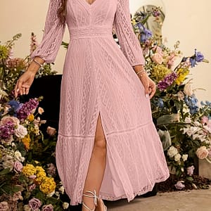 Women’s Elegant V-neck Lace-trimmed Dress With Lantern Sleeves & Slit Hem – Soft Pink Fitted Machine-washable Versatile Formal & Casual Wear, Lace Dress Clothing Shop Online at Dubai Trades