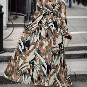 Women’s Elegant V-neck Long Sleeve Maxi Dress, 100% Polyester With 5% Spandex, Print, Fitted Weave, Lightweight 100g/m² Fabric, Ideal For Spring/summer/fall – Zd061306 Clothing Shop Online at Dubai Trades