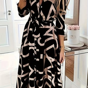 Women’s Elegant V-neck Shirt Dress With Belt, Polyester 95% Elastane 5% Woven Fabric, Non-stretch, , Button Detail, Random Print Midi Work Skirt Clothing Shop Online at Dubai Trades