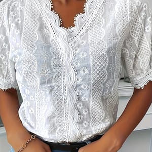 Women’s Elegant White Lace-trim V-neck Blouse – Floral Embroidery, Short Sleeve, Rayon Fabric, Casual Summer Top For Stylish Outfits, Floral Print Blouse Clothing Shop Online at Dubai Trades