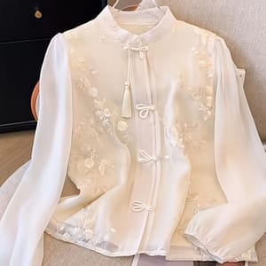 Women’s Embroidered Long Sleeve Blouse, 100% Polyester Stand Collar, Woven Shirting, Lightweight 100g/m², Spring/summer Fashion, Blouses Shop Online at Dubai Trades