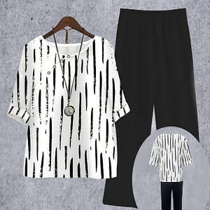 Women’s Fake Button Casual Summer Short Sleeve Black And White Vertical Stripe T-shirt Short Sleeve Top And Shirt Pants Set Clothing Shop Online at Dubai Trades