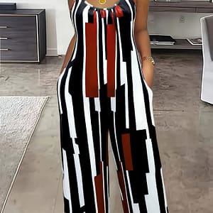 Women’s Fashion Striped Print Jumpsuit With Pockets, Casual Crew Neck Knit Fabric Polyester 95% Spandex 5% Slingback Overalls, Long Pants For Adult Clothing Shop Online at Dubai Trades