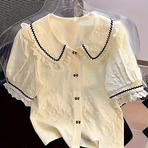Women’s Floral Lace Short Sleeve Shirt, Polyester 100%, Woven, Spring/summer, Ruffle Neckline, Lapel Collar, , 120g/m² Fabric Weight Blouses Shop Online at Dubai Trades