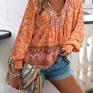 Women’s Floral Lantern Sleeve Tie Shirt Blouses Shop Online at Dubai Trades