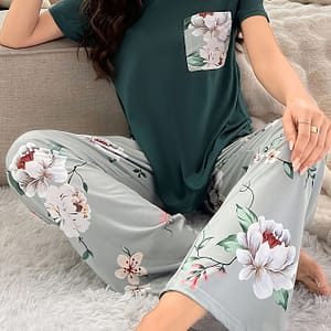 Women’s Floral Pajama Set, Short Sleeve Round Neck Top & Pants, Comfortable Relaxed Fit Clothing Shop Online at Dubai Trades