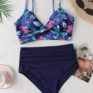 Women’s Floral Print Bikini Set With V-neck Top & High-waist Bottoms – Stretchy, Machine Washable Swimwear Bikinis Shop Online at Dubai Trades