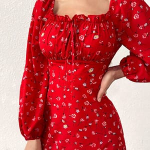 Women’s Floral Print Dress With Square Neck And Lantern Sleeves Clothing Shop Online at Dubai Trades