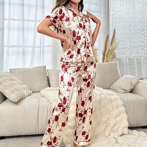 Women’s Floral Print Satin Elegant Pajama Set, Short Sleeve Buttons Lapel Top & Pants, Comfortable Relaxed Fit Clothing Shop Online at Dubai Trades