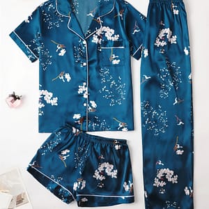 Women’s Floral Print Satin Elegant Pajama Set, Short Sleeve Buttons Lapel Top & Shorts & Pants, Comfortable Relaxed Fit Clothing Shop Online at Dubai Trades