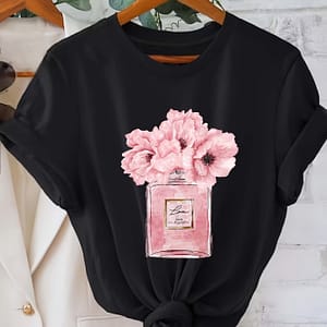 Women’s Floral Print T-shirt, Paris , Casual Crew Neck Short Sleeve Top, Polyester Knit Fabric, All Season Wear, 200gsm – Black Clothing Shop Online at Dubai Trades