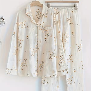 Women’s Floral Print Textured Casual Pajama Set, Long Sleeve Buttons Lapel Top & Pants, Comfortable Relaxed Fit For Fall Clothing Shop Online at Dubai Trades