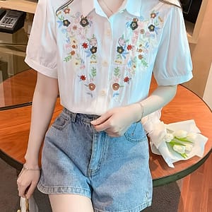 Women’s Floral Short Sleeve Blouse – White Button-up Shirt With Pastel , Lightweight Polyester Fabric, Spring/summer Casual Wear, Ladies Blouses Blouses Shop Online at Dubai Trades