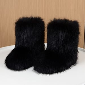 Women’s Furry Raccoon Fox Fur Boots – Slip-on Low Heel Thick Sole Winter Snow Boots, Y2k Streetwear Fashion, Comfortable Casual Shoes, Comfortable Footwear | Boot Design Boots Shop Online at Dubai Trades