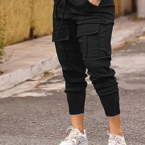 Women’s High- Jogger Cargo Pants With Covered Pockets, Drawstring Waist – Stretchy Outdoor Sports And Casual Wear, Solid Color Black Polyester Active Shop Online at Dubai Trades