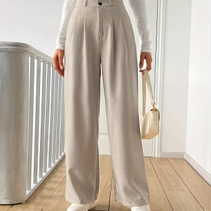 Women’s High-waisted Straight-leg Pants – Light Beige Casual Polyester With Button Details, Machine Washable, For Casual Attire, Cute Pants Clothing Shop Online at Dubai Trades