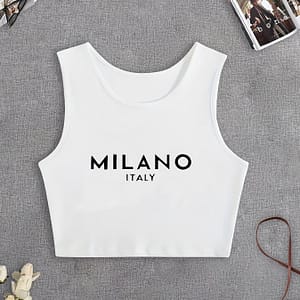 Women’s Italy Letter Print Sleeveless Tank Top, Casual Crew Neck Knit Vest, 100% Polyester, Slight Stretch, , 180gsm – Summer & Spring Fashion Clothing Shop Online at Dubai Trades