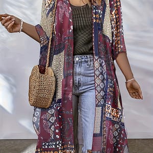 Women’s Kimono, Plus Size Allover Geometric Print Loose Fit V Neck Semi-sheer Beach Cover Up With Side Slits. Clothing Shop Online at Dubai Trades