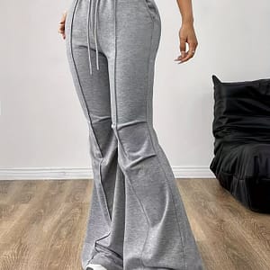 Women’s Leg Pants – Chic Gray With Drawstring Waist, 100% Polyester, Mid-rise, Loose Fit, Machine Washable Clothing Shop Online at Dubai Trades