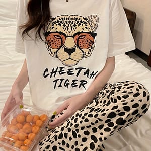 Women’s Leopard & Letter Pajama Set, Short Sleeve Round Neck Top & Pants, Comfortable Relaxed Fit Clothing Shop Online at Dubai Trades