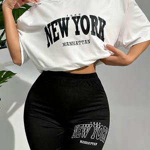 Women’s Letter Print Sporty Lounge Set, Short Sleeve Round Neck Loose & Skinny Shorts, Comfortable Relaxed Fit Clothing Shop Online at Dubai Trades