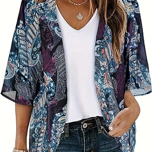 Women’s Lightweight Floral Chiffon Kimono Cardigan – V-neck, Batwing Sleeves, Coverup For Spring/summer/fall, Blue & Purple Paisley Print, Casual Loose Fit, Kimono Style Cardigan Blouses Shop Online at Dubai Trades