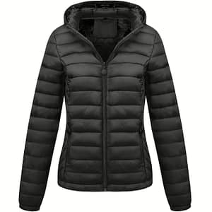 Women’s Lightweight Hooded Winter Jacket – Black, Casual Commuter Coat With Pockets, Long Sleeve, Nylon Material, Fall And Winter, Cold Weather Apparel | Minimalist Jacket | Zipper Clothing Shop Online at Dubai Trades