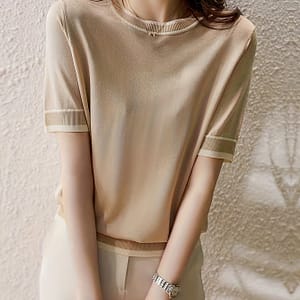 Women’s Lightweight Knit Top – Slimming Short Sleeve, Round Neck In Beige With Contrast Trim – Casual Viscose & Polyester , Clothing Shop Online at Dubai Trades