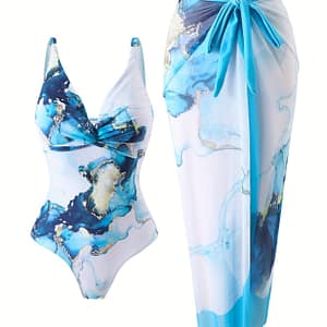 Women’s Marble Print Knot Two-piece Swimsuit Set With Matching Sarong Wrap Skirt Clothing Shop Online at Dubai Trades
