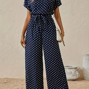 Women’s Navy Blue Polka Dot Jumpsuit With Ruched Detail – Stylish Belted Romper For Casual & Formal Events, Wear, Formal Attire | Belted Romper | Ruched Detailing, Jumpsuit Clothing Shop Online at Dubai Trades