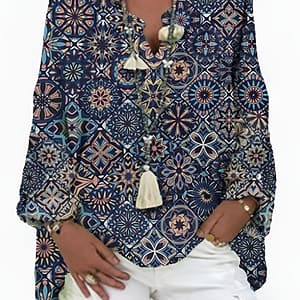 Women’s Oversized Floral Print V-neck Blouse With Tassel Details – Long Sleeved, Casual Polyester Top For Spring/autumn, Machine Washable Clothing Shop Online at Dubai Trades