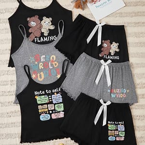 Women’s Pajama Set With Cute Cartoon Print, Polyester 95.00%, Elastane 5.00%, Comfortable Sleepwear, Cute Pajama Sets Clothing Shop Online at Dubai Trades