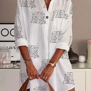 Women’s Plus Size Casual Letter Print Shirt – Long Sleeve, Button-up, Turn- Collar, Polyester Blend, White With Black , Fall/, Casual Wear | Long Sleeve Shirt | Accents, Ladies Blouses Clothing Shop Online at Dubai Trades