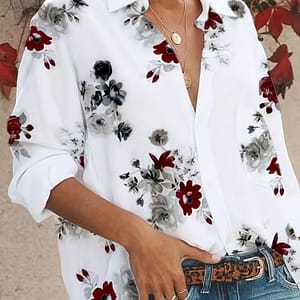 Women’s Plus Size Floral Print Long Sleeve Button-up Shirt – Casual Polyester Blouse With Turn- Collar, Machine Washable, With Black And Red Floral Patterns Clothing Shop Online at Dubai Trades