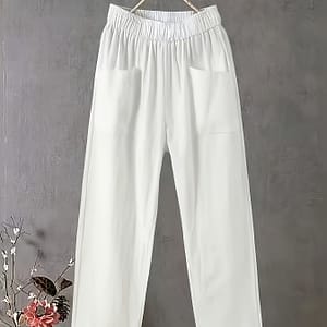 Women’s Plus Size Lightweight Straight-leg Pants – Casual White Harem Style, Elastic Waistband, Polyester, Machine Washable For Spring/summer/fall Clothing Shop Online at Dubai Trades