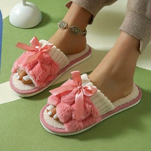 Women’s Plush Fleece Slip-on Slippers With Bow Detail – Indoor House Shoes, Sole For & Quiet, Slippers In /green/beige/pink/grey, House Slippers Clothing, Shoes & Jewelry Shop Online at Dubai Trades