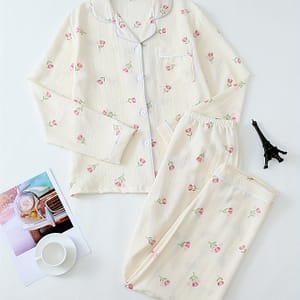 Women’s Print Sweet Pajama Set, Long Sleeve Buttons Lapel Top & Pants, Comfortable Relaxed Fit For Fall Clothing Shop Online at Dubai Trades