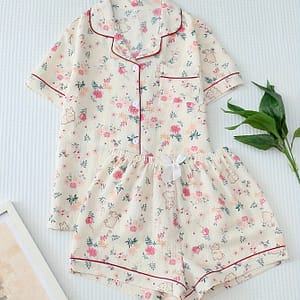 Women’s Pyjama Set, Floral Print Comfy Short-sleeved Button- Top And Shorts Clothing Shop Online at Dubai Trades