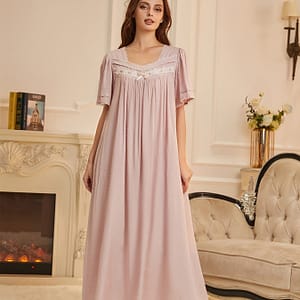 Women’s Retro Trim Sleepwear Dress, Sleeve Square Neck Loose Fit Maxi Dress, Comfortable Nightgown Clothing Shop Online at Dubai Trades