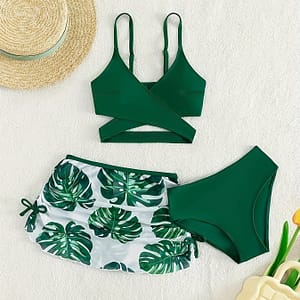 Women’s Set, Leaf Print High Cut Bikini With Strap Top & Cover Up Skirt, Summer Beachwear Clothing Shop Online at Dubai Trades