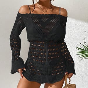 Women’s Sexy Off-shoulder Drawstring Waist Hollow Out Cover Up Dress – Beachwear, Knitted, Long Sleeve (bikini Set Not Included) Clothing Shop Online at Dubai Trades