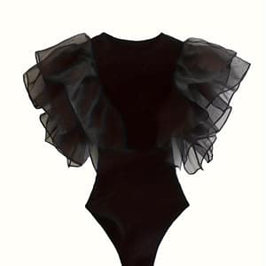 Women’s Sexy Solid Color Sleeve Bodysuit With Contrast Mesh Detailing And Draped Shoulder Design – Slim Fit, Crew Neck, Short Sleeve, No Belt, Wear Bodysuits Shop Online at Dubai Trades