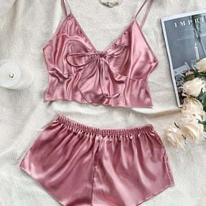 Women’s Sexy Solid Satin Pajama Set, Tie Front V Neck Backless Crop Cami Top & Mini Shorts, Comfortable Relaxed Fit, Summer Nightwear Clothing Shop Online at Dubai Trades