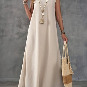 Women’s Sleeveless Solid Color V-neck Dress With Side Slit – Casual Polyester Blend, Machine Washable, Summer, Casual Attire|side Slit Dress|glossy Fabric Clothing Shop Online at Dubai Trades