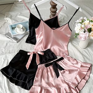 Women’s Solid Color Cute Suspender Shorts Pajama Set 4 Pieces For Valentine’s Day Clothing Shop Online at Dubai Trades