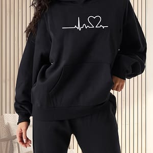 Women’s Sports And Casual Fashion Printed Hoodie, Simple Ecg And Heart Pattern, Slightly Elastic Comfortable Top Pullover, For Fall Active Shop Online at Dubai Trades